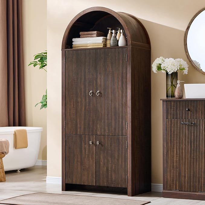 71" Tall Arched Bathroom Storage Cabinet, Modern Fluted Storage Cabinet w/Doors, 3 Adjustable Shelves, 6 Door Shelves, Wood Freestanding Cabinet for Bathroom, Entryway, Hallway, Brown
