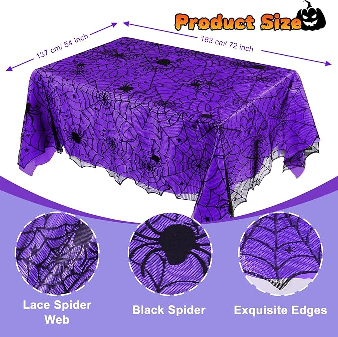 2Pcs Halloween Tablecloths, Black Lace & Purple Lined Rectangular Table Cloth, Spider Web Table Cover for Scary Halloween Decorations Indoor, 54 x 72 Inch
