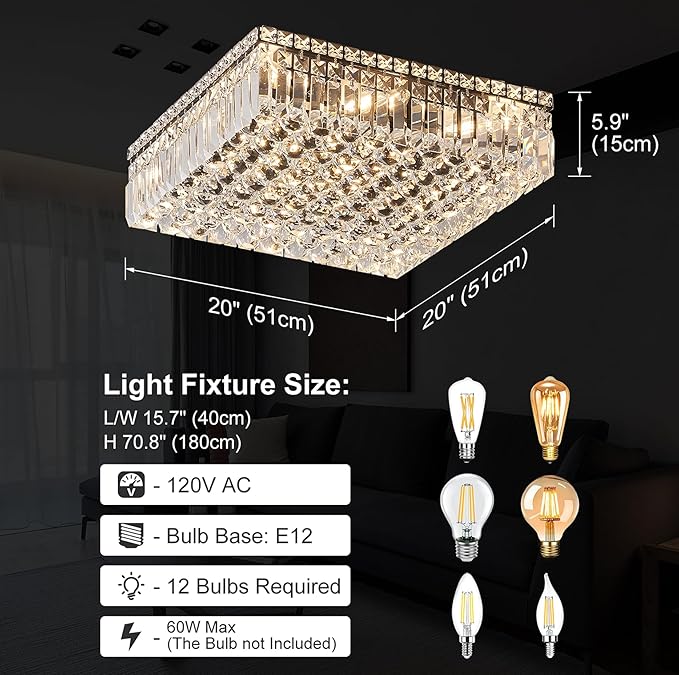 12-Lights Black Crystal Flush Mount Ceiling Light Fixtures,Elegant Crystal Chandelier Pendant Ceiling Lamp for Bedroom,Living Room,Dining Room,Hallway H5.9 x W20 x L20 (Bulb Not Included)Square