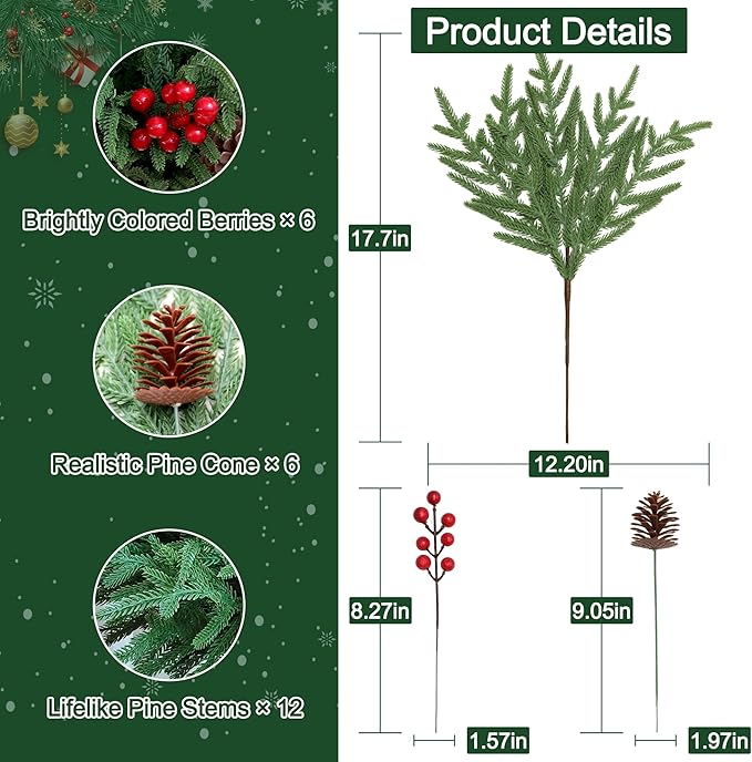 24 Pcs Christmas Norfolk Pine Stems, Realistic DIY Artificial Pine Branches for Christmas Decorations