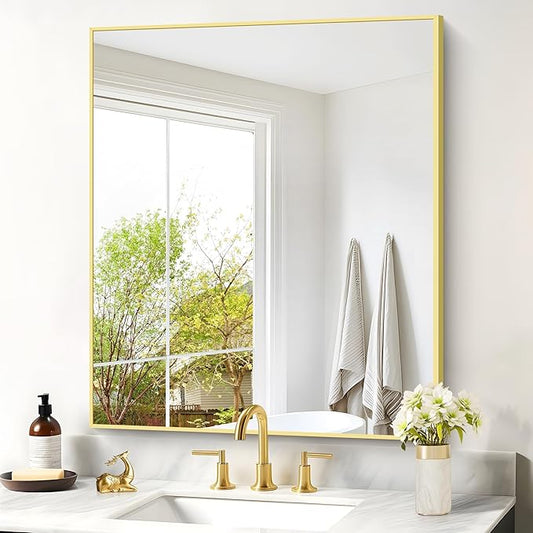 Gold Bathroom Mirror for Wall, 30x36 Inch Rectangle with Metal Frame, Modern Vanity for Bathroom Living Room, Entryway Hangs Horizontal or Vertical