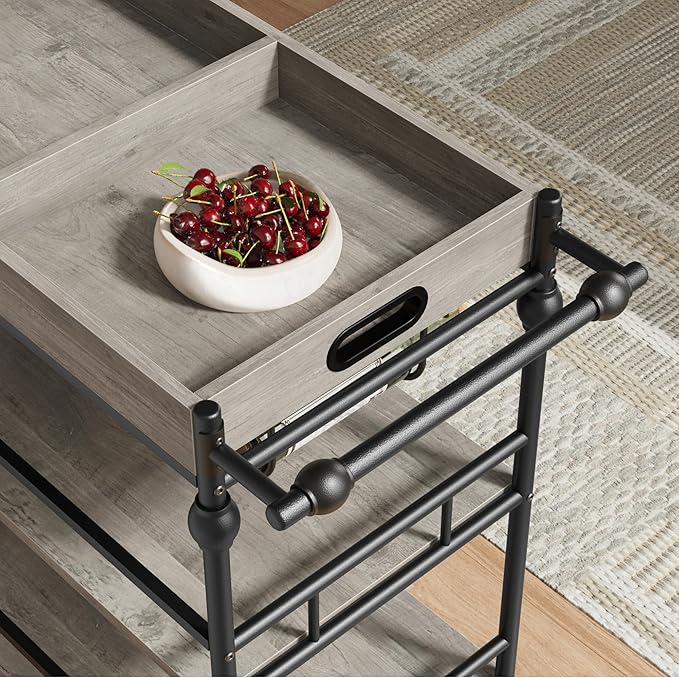 GarveeHome Bar Cart, Bar Carts for The Home, 3 Tier Serving Cart with Wheels, Home Bar & Serving Carts, Metal Rolling Cart with Wine Rack & Removable Tray for Kitchen, Dining Room, Living Room-Grey