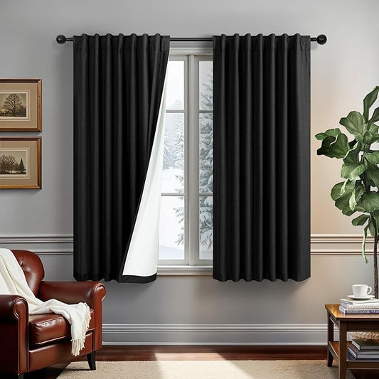 54 Inch Curtains Length 2 Panels Set 100% Blackout Modern Black Out Linen Drapes with White Back Tab Room Darkening Insulated Thermal Short Sundown Solar Curtains for Bedroom Noise Reducing Reduction