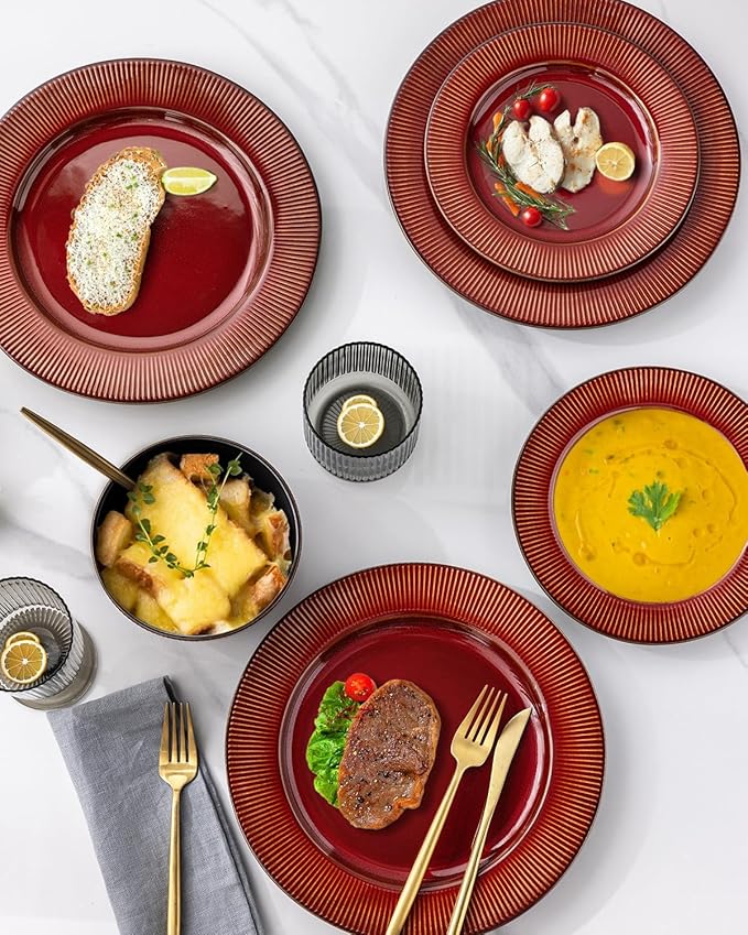 GBHOME Ceramic Dinnerware Sets,12 pcs Embossed Elegant Stoneware Plates and Bowls Sets, Housewarming Wedding Gift | Dishwasher & Microwave Safe | Dishes Set Service for 4