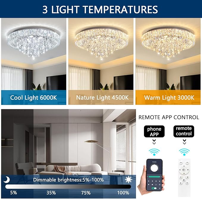 23.6'' Modern Crystal Chandeliers LED Dimmable Flush Mount Ceiling Chandeliers for Living Room Entrance Foyer Bedroom Silver