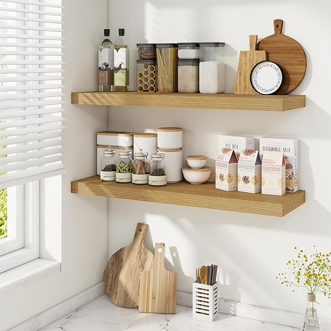 Fun Memories Floating Shelves for Wall, 32 Inch Rustic Wood Wall Mounted Shelves for Bathroom, Bedroom, Kitchen, Living Room, Deep Floating Shelves for Storage & Home Decor (Oak, Set of 2)