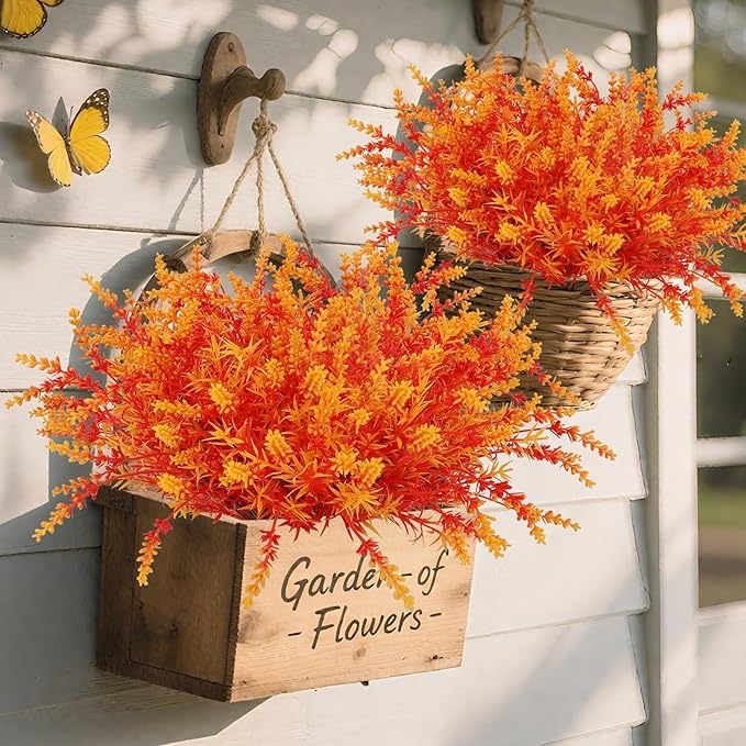 Geegoods 16 Bundles Artificial Fall Flowers Outdoor – Faux Lavender Flowers with Monkey Grass UV Resistant Plastic Faux Plants for Halloween Front Door Porch Patio Yard Balcony Decor, Orange Color