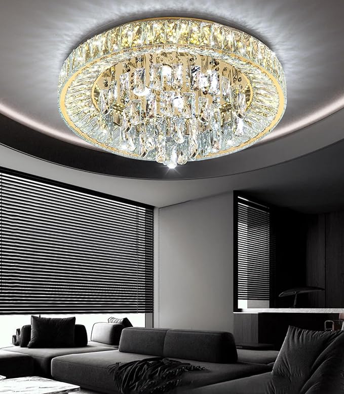 23.6'' Modern Crystal Chandeliers LED Dimmable Flush Mount Ceiling Chandeliers for Living Room Entrance Foyer Bedroom Gold