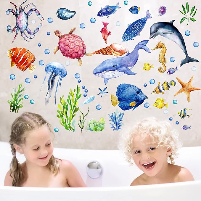 52 Pcs Ocean Fish Wall Decals Glow in The Dark Under The Sea Wall Decals Sea Animals Stickers Removable Waterproof Peel and Stick for Kids Bathroom Watercolor Ocean Decor(Cute Style)