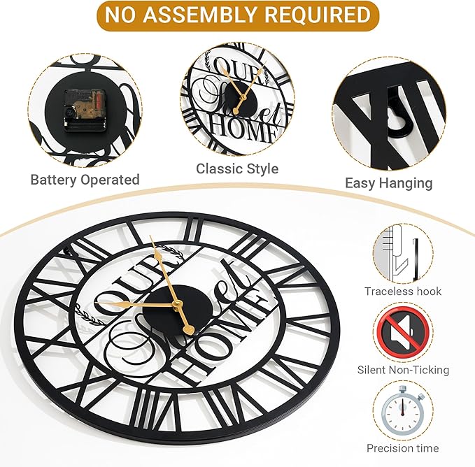 20inches/50cm Wall Clocks Roman Numeral Battery Powered No Ticking Silent Modern Unique Metal Wall ClocksSuitable Living Room Kitchen Bedroom Fireplace Office Farmhouse