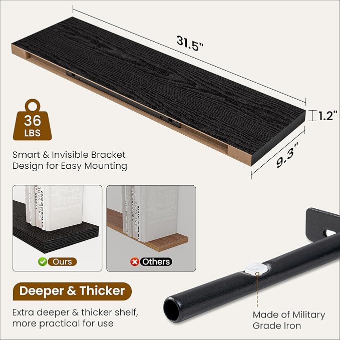 Fun Memories Floating Shelves for Wall, 32 Inch Rustic Wood Wall Mounted Shelves for Bathroom, Bedroom, Kitchen, Living Room, Deep Floating Shelves for Storage & Home Decor (Black, Set of 2)