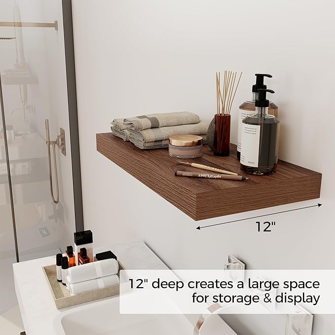 12 Inch Deep Floating Shelves, 24 x 12 Floating Shelf for Books, Rustic Wood Deep Wall Shelves for Home Storage & Display, 2" Thicked Shelves for Kitchen, Living Room, Bedroom, Walnut Color, 2 Pack