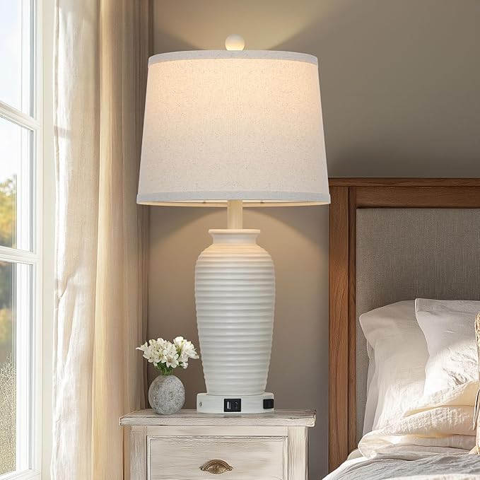 25" Farmhouse Jar Table Lamps Set of 2,Rustic Cream Pot Table Lamp for Bedroom, Living Room,3 Way Touch Control Rustic Bedside Lamps with USB A+C Ports & AC Outlet(LED Bulbs Included)