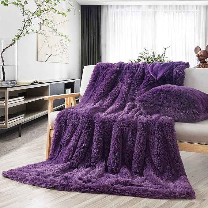 GONAAP Fuzzy Faux Fur Throw Blanket Purple Super Soft Cozy Plush Fuzzy Shaggy Blanket for Couch Sofa Bed (Purple, Throw(40"x50"))