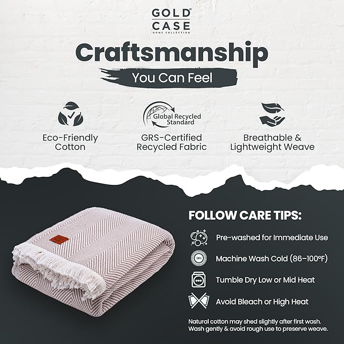 Gold Case Throw Blanket for Bed – 100% Recycled Turkish Cotton Bed Blanket – Decorative Throw Cotton Blankets for Living Room & Bedroom – Woven Twin Blankets - 71x90 - Elegant Beige