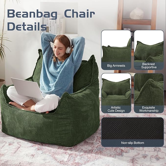Giant Bean Bag Chair Sofa for Adults Teens, Comfy Corduroy Large Bean Bag Chairs with Armrests for Bedroom Living Room, Adult BeanBag Lazy Sofa Couch Chairs with Filler Included