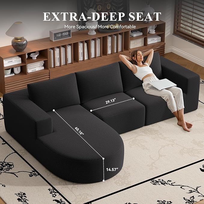 Modular Sectional Sofa with L-Shape Chaise,Cloud Sectional Modern Sleeper Couch with Deep Seat,Sponge Compression Sofas No Assembly Required (Black-Corduroy Fabric) 1pcs