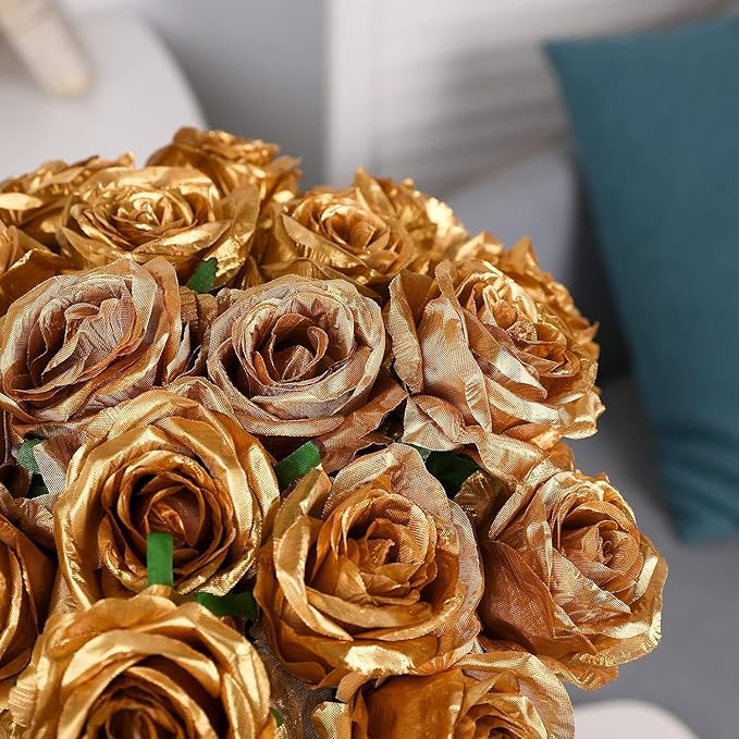 Gold Fake Roses Artificial Flowers - 16 Pcs Fake Artificial Roses Silk Flowers with Stems for Home Wedding Hotel Office Centerpiece Decor