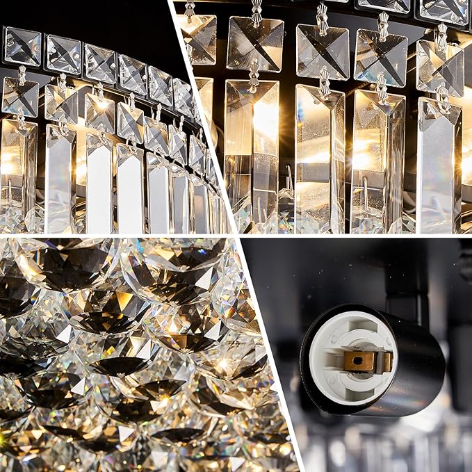 6-Lights Black Crystal Flush Mount Chandelier Light Fixture K9 Crystals Modern Ceiling Lights Elegant Pendant Lamp for Bedroom,Hallway,Bar,Living Room,Dining Room,H5.9 xW20 (Bulbs Not Included)