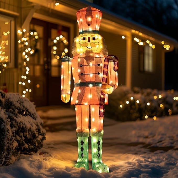 61Inch Nutcracker Christmas Decor Outdoor with LEDs 5 Feet Lighted Large Nutcracker Lighted Christmas Decorations Outdoor with Stakes & Zip Ties for Xmas Yard, Porch, Lawn