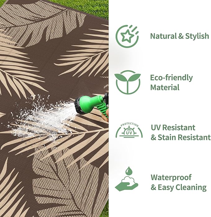 GENIMO Outdoor Rug 8' x 10' Waterproof for Patios Clearance, Reversible Outdoor Plastic Straw Camping Rug Carpet, Large Area Rugs Mats for RV, Camper, Deck, Balcony, Porch, Beach, Picnic, Coffee&Beige