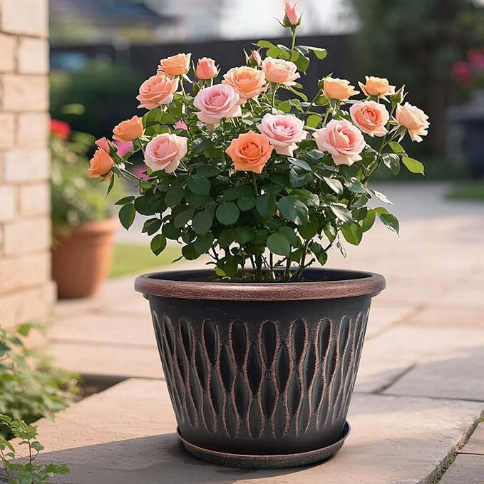 4 Pack 10 Inch Retro Plant Pots, Vintage Striped Flower Pots with Drainage Hole & Saucer, Large Plastic Planters for Indoor and Outdoor Plants, Decorative Garden Pots(Copper)