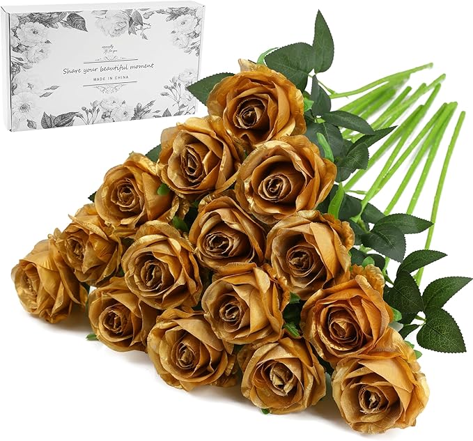 Gold Fake Roses Artificial Flowers - 16 Pcs Fake Artificial Roses Silk Flowers with Stems for Home Wedding Hotel Office Centerpiece Decor