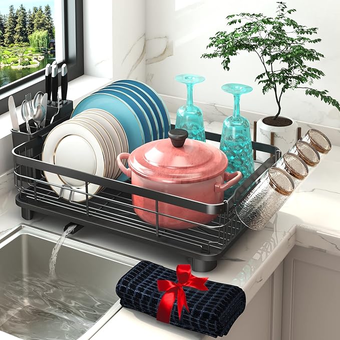 Godboat Dish Drying Rack, Dish Rack with Auto-Drain & Mat, Dish Drainers for Kitchen Counter, Glass Organizer for 4 Cups, 3 Slots Utensil Holder, Gifts for Women Mothers Day, Kitchen Gadgets & Decor