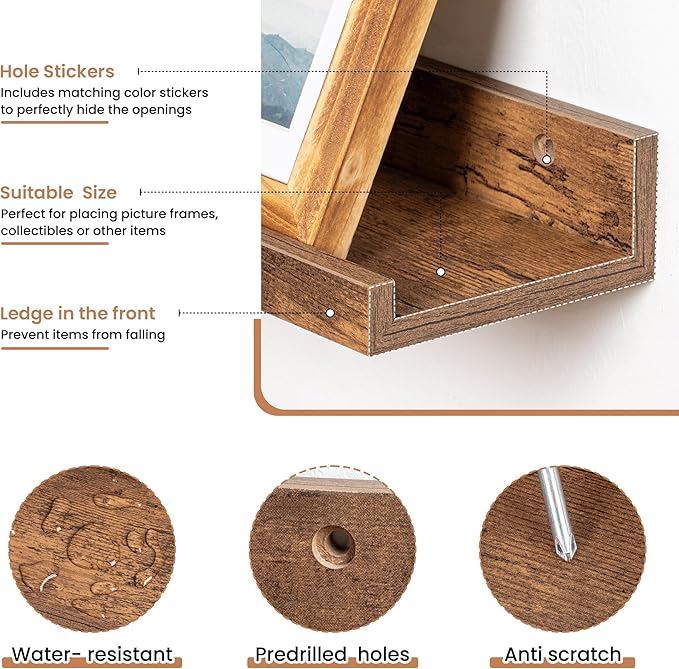 Fun Memories Picture Ledge Shelves Set of 2, 32 Inch Rustic Wall Mounted Floating Shelves with Lip for Home Storage and Décor in Bathroom, Kitchen, Nursery, Bedroom, Living Room, Brown