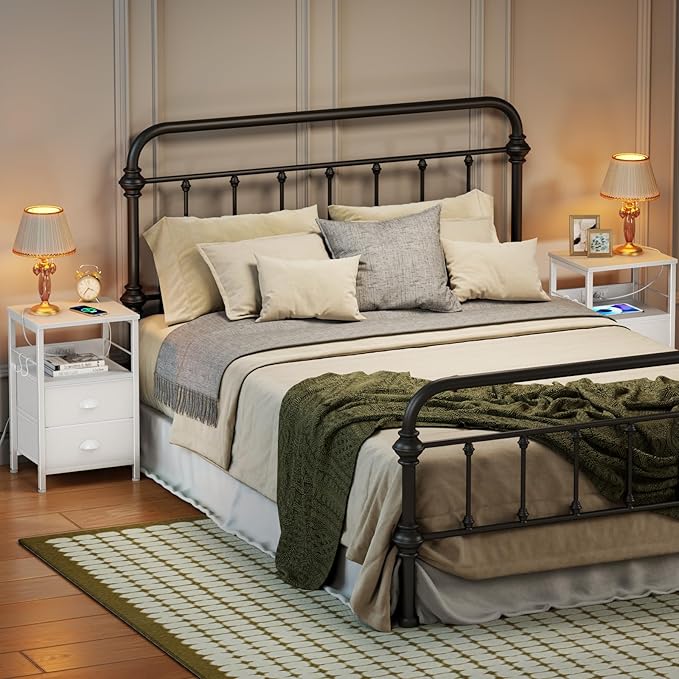 Furologee Nightstands Set of 2, Night Stands with Charging Station, Side Tables with 2 Fabric Drawers, End Tables with Storage Shelves, for Bedroom, White