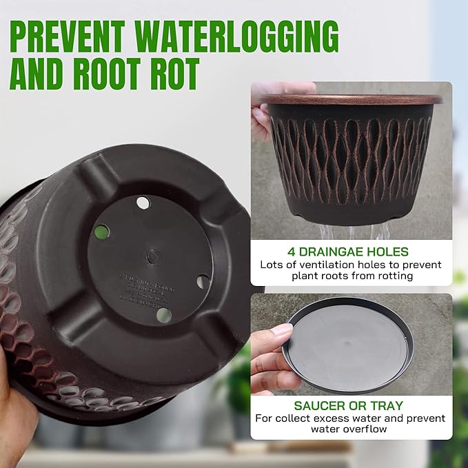 4 Pack 12 Inch Retro Plant Pots, Vintage Striped Flower Pots with Drainage Hole & Saucer, Large Plastic Planters for Indoor and Outdoor Plants, Decorative Garden Pots(Copper)