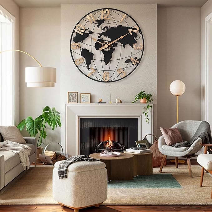 24 Inch Large Wall Clock for Living Room Decor,Big Modern Decorative Silent Metal World Map Wall Clock with Vintage Gold Arabic Numeral for Office,Living Room,Kitchen,Dining Room
