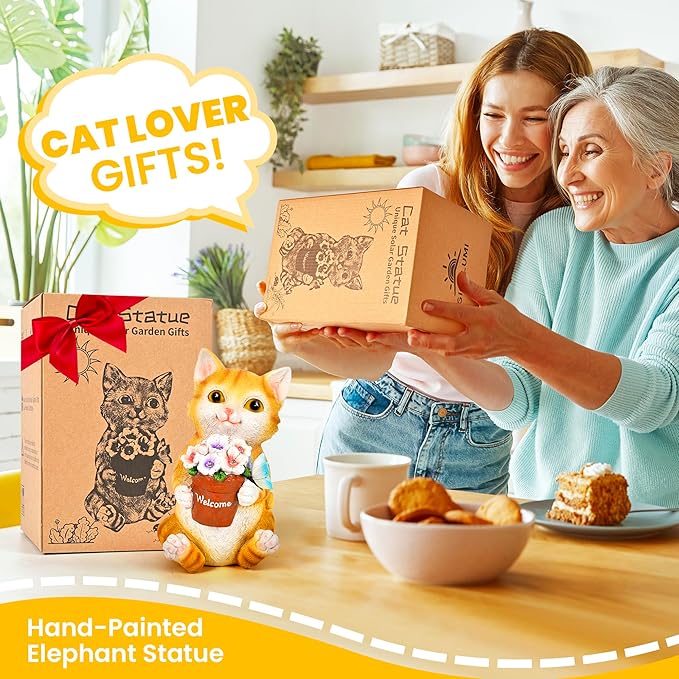 GIGALUMI Solar Garden Decor Flower Pot Cat Statues Outdoor, Birthday Gifts for Women Mom Grandma Senior Elder, Cat Ornament for Balcony, Garden, Patio, Yard, Lawn