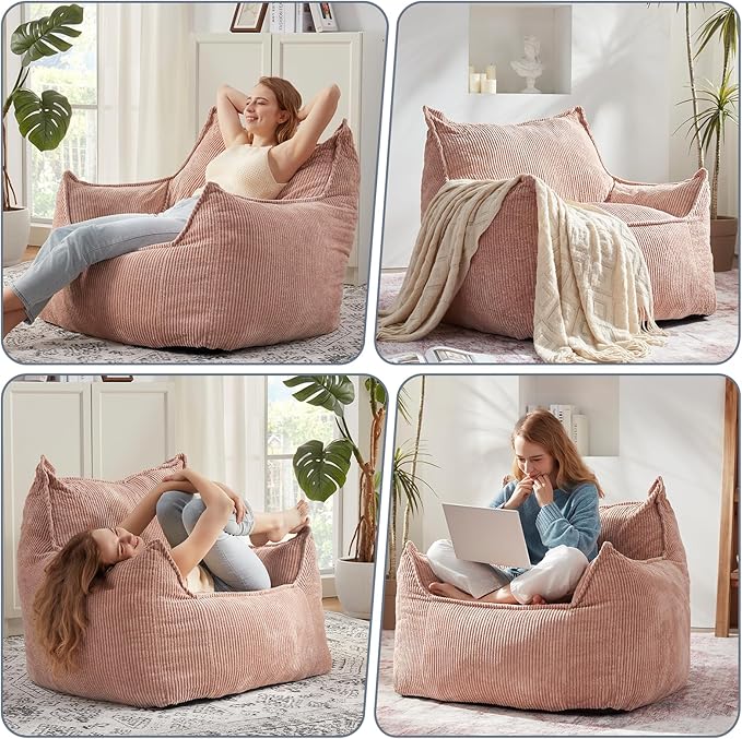 Giant Bean Bag Chair Sofa for Adults Teens, Comfy Corduroy Large Bean Bag Chairs with Armrests for Bedroom Living Room, Adult BeanBag Lazy Sofa Couch Chairs with Filler Included