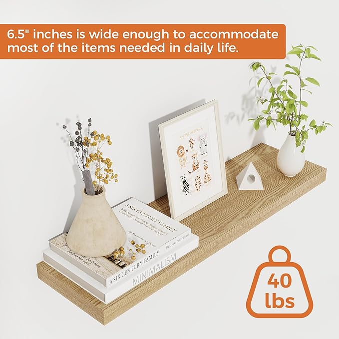 Fun Memories Floating Shelves for Wall, 24" Rustic Wood Deep Wall Mounted Shelves with Invisible Brackets for Decor & Storage, Floating Shelf for Living Room, Bathroom (Oak, Set of 2)