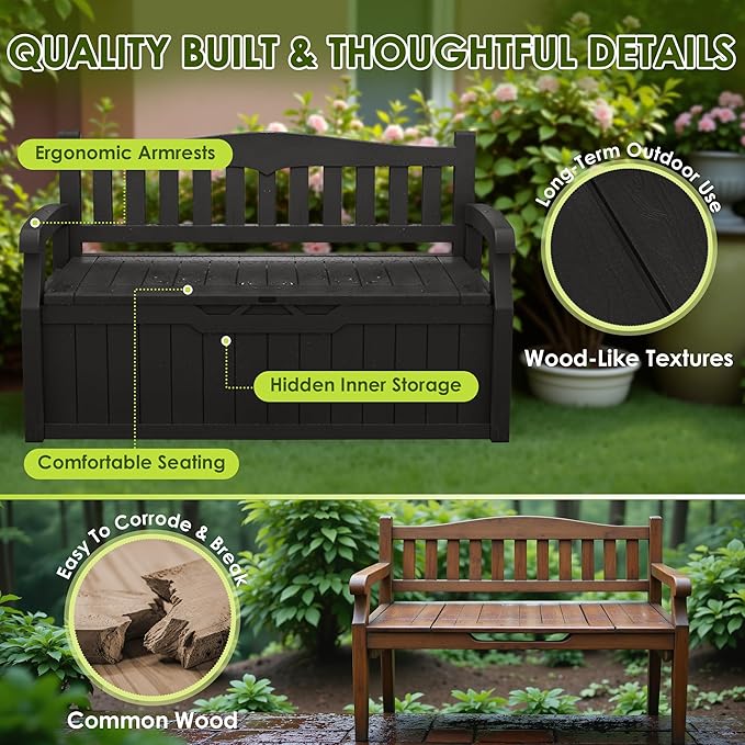 Greesum 80 Gallon Outdoor Storage Bench, Resin Patio Furniture with Armrest,Waterproof and UV-Resistant, Perfect to Garden, Poolside and Lawn, Dark Black