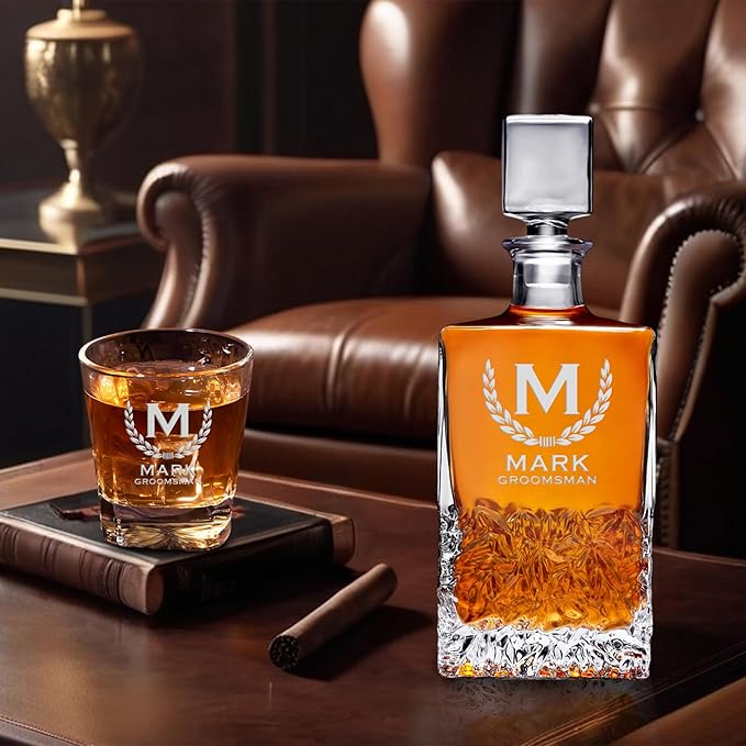 Personalized Triangle Whiskey Decanter Set for Men 650ml Luxury Gift for Groomsman, Liquor Decanters with 2 or 4 Glasses for Birthday, Retirement, Weddings - 24 Engraved Design Options