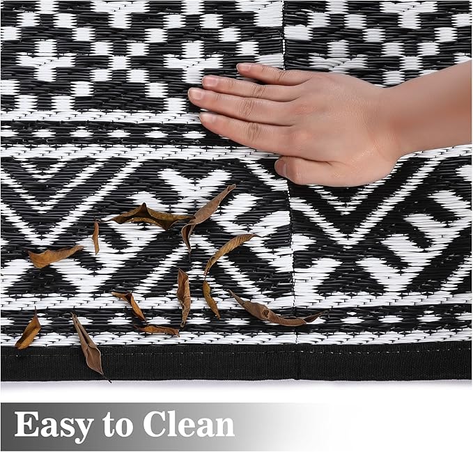GAOMON Outdoor Rug for Patio 5'x8' Reversible Plastic Rugs Camping Mat for Outdoor, RV, Backyard, Deck, Balcony, Picnic, Beach, Black/White(Bohemia)