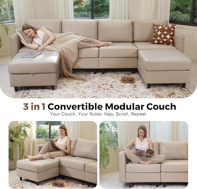 118.5" Faux Leather Modular Sectional Sofa, U Shaped Couch Set for Living Room, Large 8-Seater Comfy Cloud Couches with Storage Seat DIY Combination - Whitesand