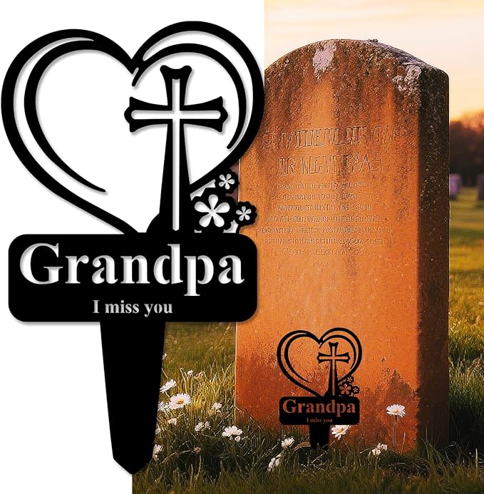 Grandpa Memorial Grave Stake, Cemetery Decorations for Grave Markers 12.5 x 7.2 inch Heart Metal Sympathy Stakes Graveside Plaque Decor Sign for Grandpa Graves, Yard, Garden - Black-Grandpa