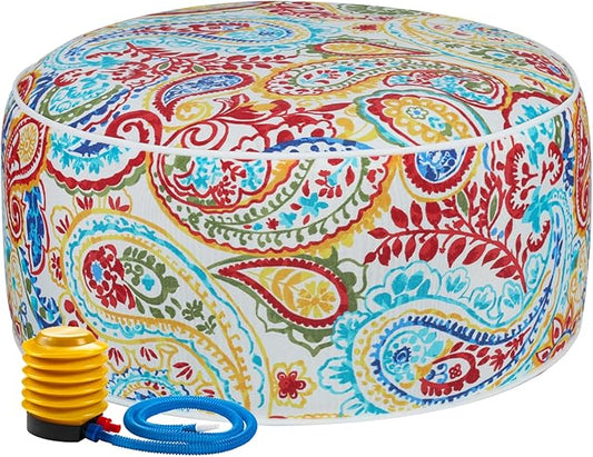 FUNHOME Inflatable Outdoor Ottoman with Air Pump,20"x9" Portable Patio Pouf,Water Resistant,Fade-Resistant,Round Blow Up Footrest Stools for Home Garden Camping Travel(Phoenix)