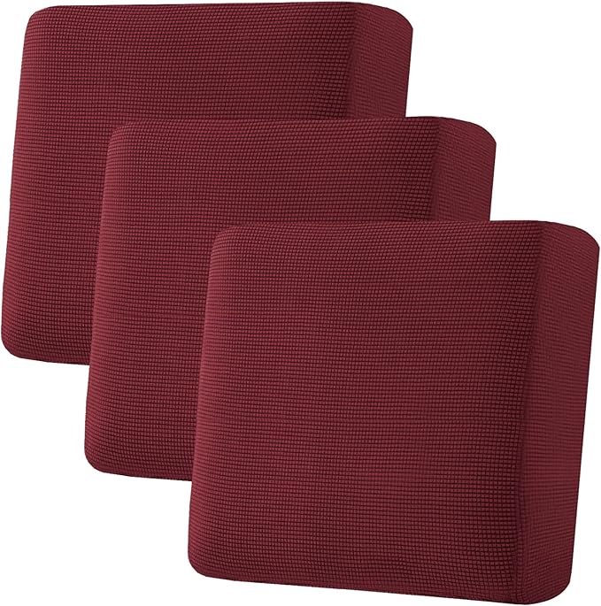 H.VERSAILTEX Super Stretch Individual Seat Cushion Covers - Sofa & Couch Cushion Slipcover Sets - Thick Jacquard Textured Twill Fabric (3 Piece XL Sofa Cushion Covers, Burgundy Red)