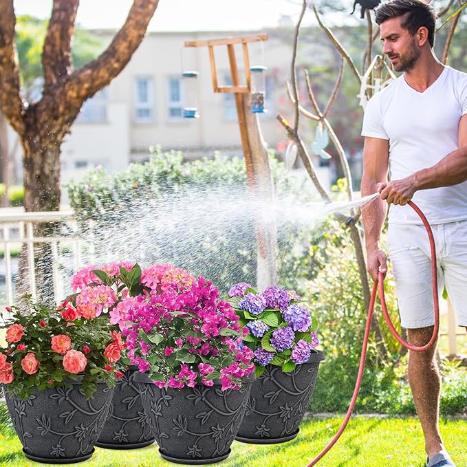 4 Pack 16 Inch Large Plant Pot for Outdoor, Plastic Flower Pot Indoor with Drainage Hole & Saucer, Modern Decorative Garden Pot, Imitation Magnolia Garden Pots for House Planters（Gray）