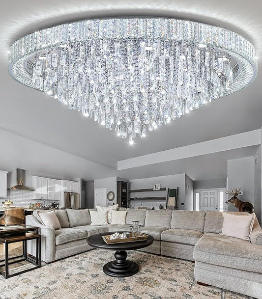 53.7'' Modern Chandeliers LED Dimmable Crystal Flush Mount Ceiling Chandeliers for Living Room High Ceiling Entrance Foyer Lobby Bedroom Silver
