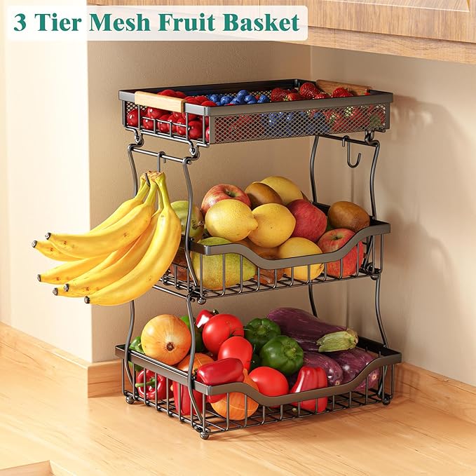 Giwil 3 Tier Countertop Fruit Mesh Basket for Kitchen, Vegetable Storage Bread Fruit Bowl Stand with 2 Banana Hooks, Wall Mounted Metal Wire Basket Organizer for Potato Onion, Black