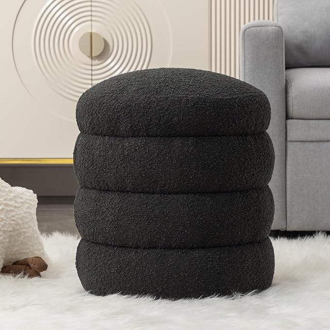 Furniliving Modern Round Ottoman, Soft Bedroom Ottoman Footstool Round Ottomans Stool for Living Room, Bedroom, Makeup Room, Black, Boucle