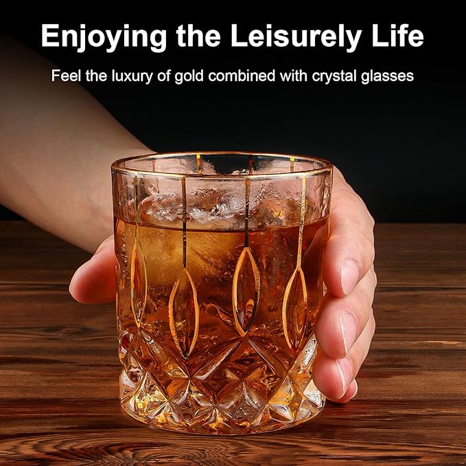 Gold Rim Whiskey Glasses Set of 2,Crystal Old Fashioned Glasses-Luxury Gold Collection,Perfect for Scotch Bourbon Rocks Cognac Vodka Gin Tequila Rum Liquor,Whiskey Gifts for Men