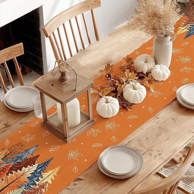GEEORY Fall Watercolor Trees & Maple Leaves Table Runner 13x72 Inch, Rustic Farmhouse Autumn Thanksgiving Decor for Kitchen, Dining, Indoor/Outdoor Holiday Dinner Party Orange GT158-72