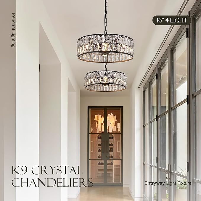 16” 4-Light Modern Crystal Chandeliers Black Dinning Room Light Fixture, Round Pendant Light Kitchen Island Chandelier, Flush Mount Ceiling Light for Living Room Entryway Bedroom Foyer