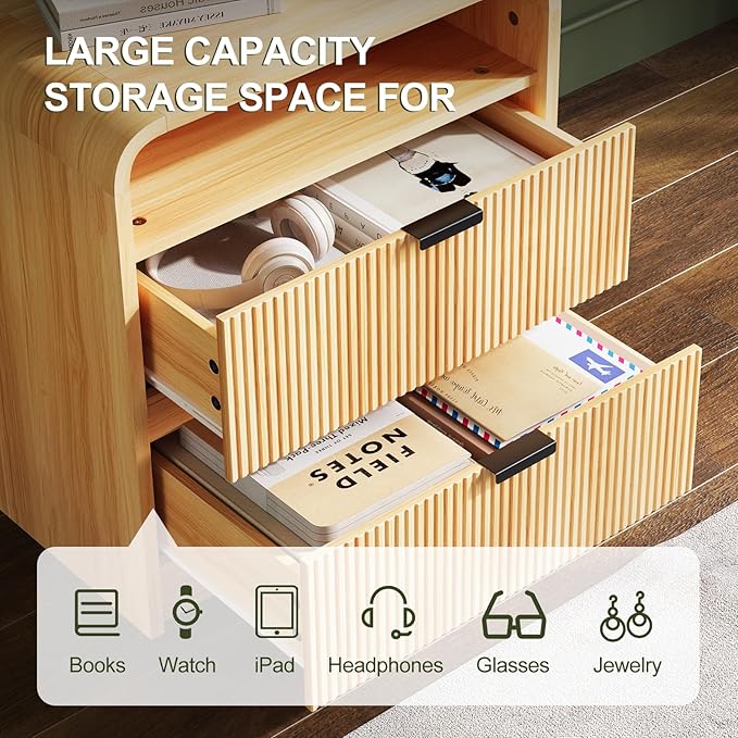 FURSUN 24" Fluted Nightstand with Charging Station, Wooden End Table with 2 Drawers Storage, Curved Profile Design, Modern Bedside Cabinet for Bedroom Living Room, Natural Oak